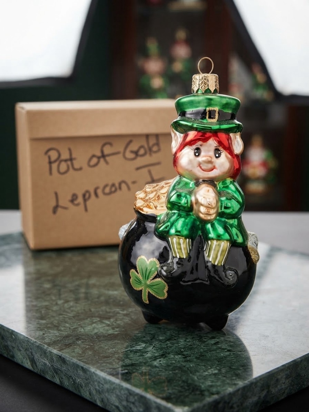 Christopher Radko Green Leprechaun with Black Pot of Gold Ornament